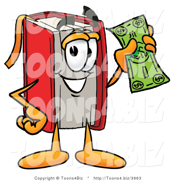 Illustration of a Book Mascot Holding a Dollar Bill
