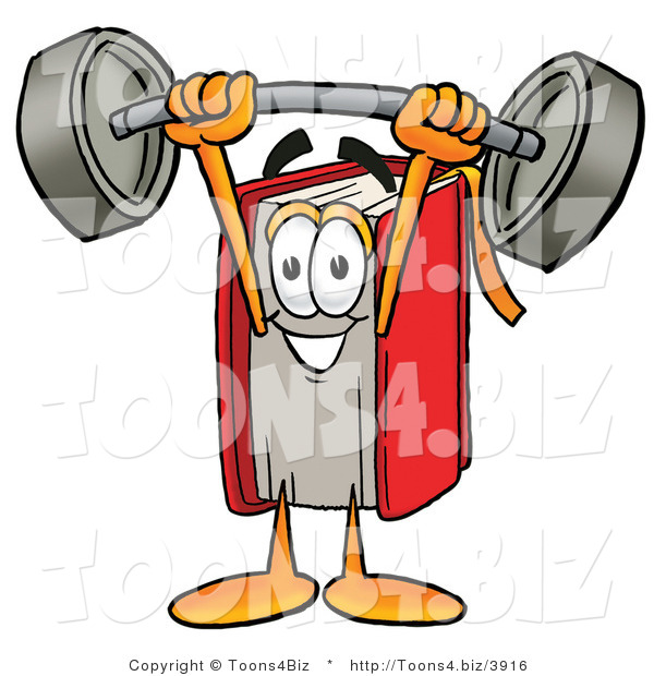 Illustration of a Book Mascot Holding a Heavy Barbell Above His Head