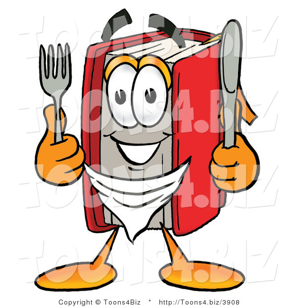 Illustration of a Book Mascot Holding a Knife and Fork