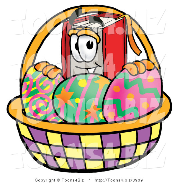 Illustration of a Book Mascot in an Easter Basket Full of Decorated Easter Eggs