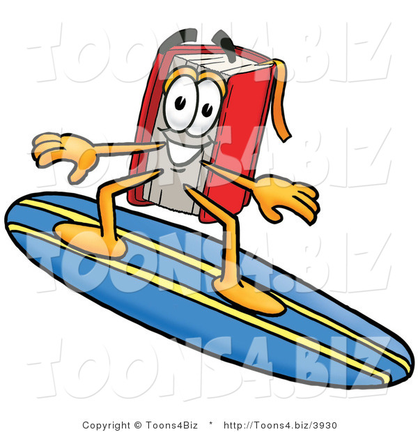 Illustration of a Book Mascot Surfing on a Blue and Yellow Surfboard