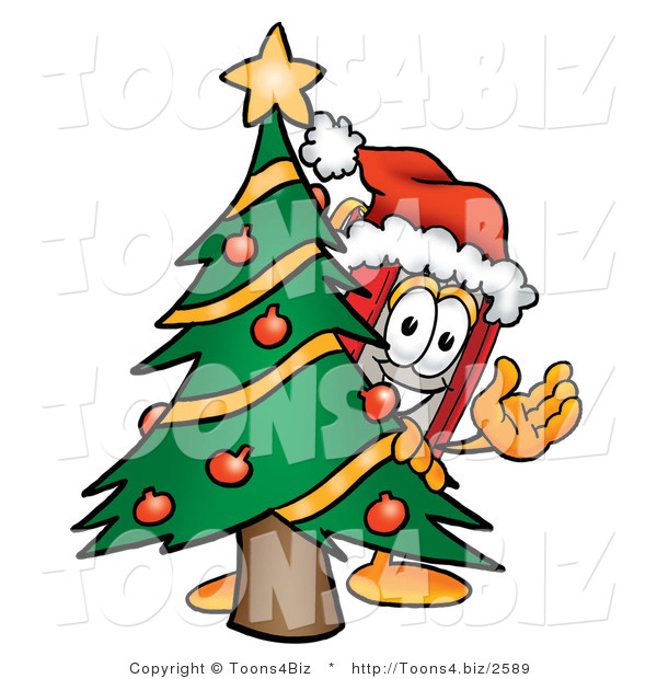Illustration of a Book Mascot Waving and Standing by a Decorated Christmas Tree