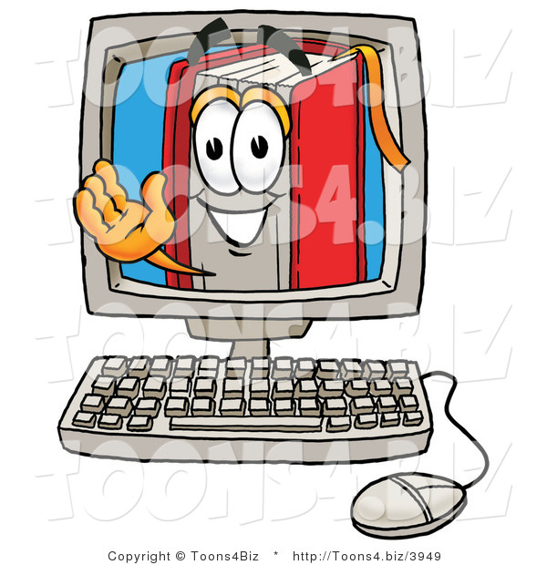 Illustration of a Book Mascot Waving from Inside a Computer Screen