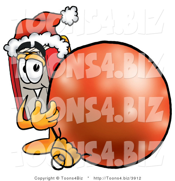Illustration of a Book Mascot Wearing a Santa Hat, Standing with a Christmas Bauble