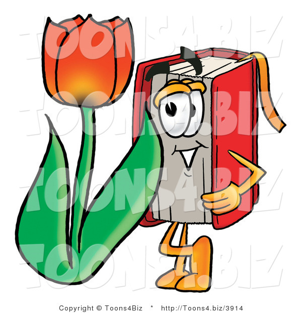Illustration of a Book Mascot with a Red Tulip Flower in the Spring