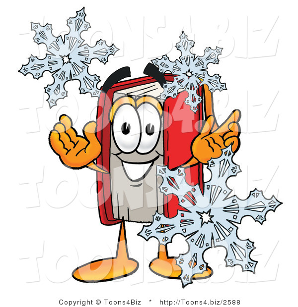 Illustration of a Book Mascot with Three Snowflakes in Winter