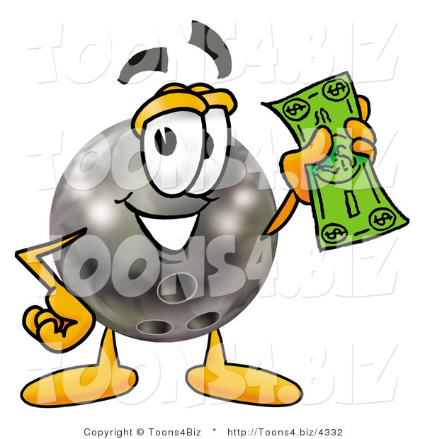 Illustration of a Bowling Ball Mascot Holding a Dollar Bill