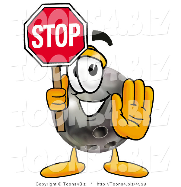 Illustration of a Bowling Ball Mascot Holding a Stop Sign