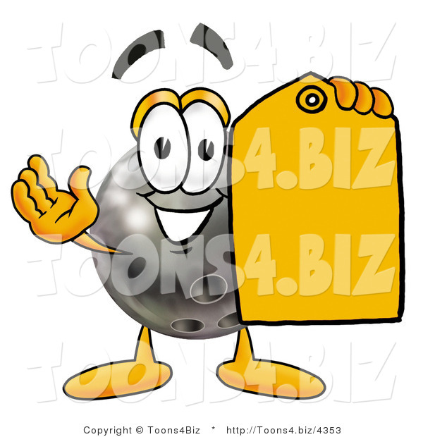 Illustration of a Bowling Ball Mascot Holding a Yellow Sales Price Tag