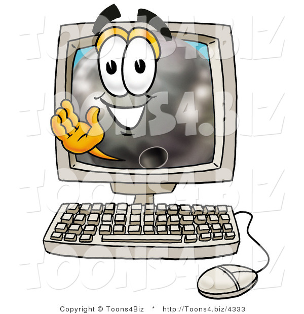 Illustration of a Bowling Ball Mascot Waving from Inside a Computer Screen
