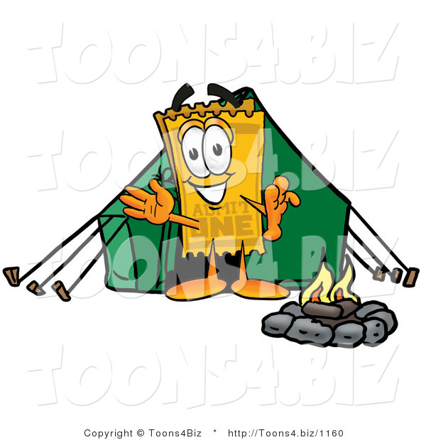 Illustration of a Cartoon Admission Ticket Mascot Camping with a Tent and Fire