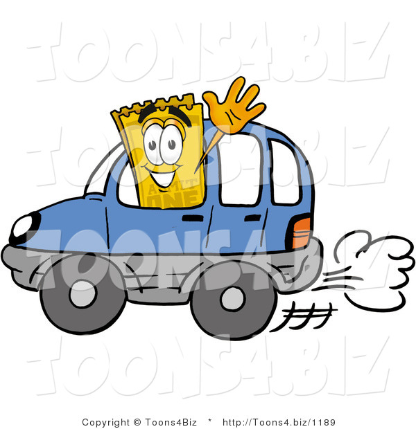 Illustration of a Cartoon Admission Ticket Mascot Driving a Blue Car and Waving