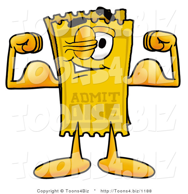 Illustration of a Cartoon Admission Ticket Mascot Flexing His Arm Muscles