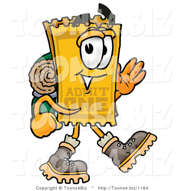 Illustration of a Cartoon Admission Ticket Mascot Hiking and Carrying a Backpack