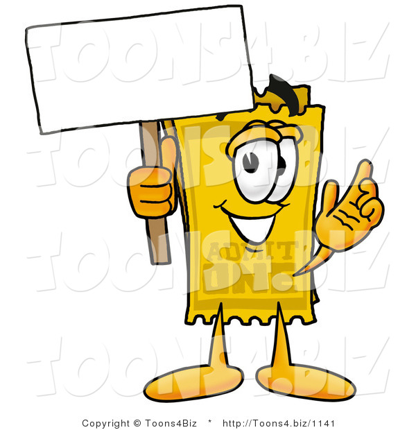 Illustration of a Cartoon Admission Ticket Mascot Holding a Blank Sign