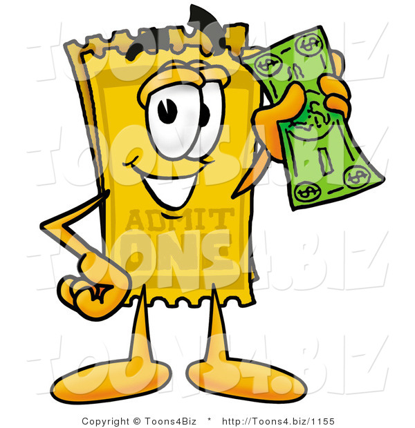 Illustration of a Cartoon Admission Ticket Mascot Holding a Dollar Bill