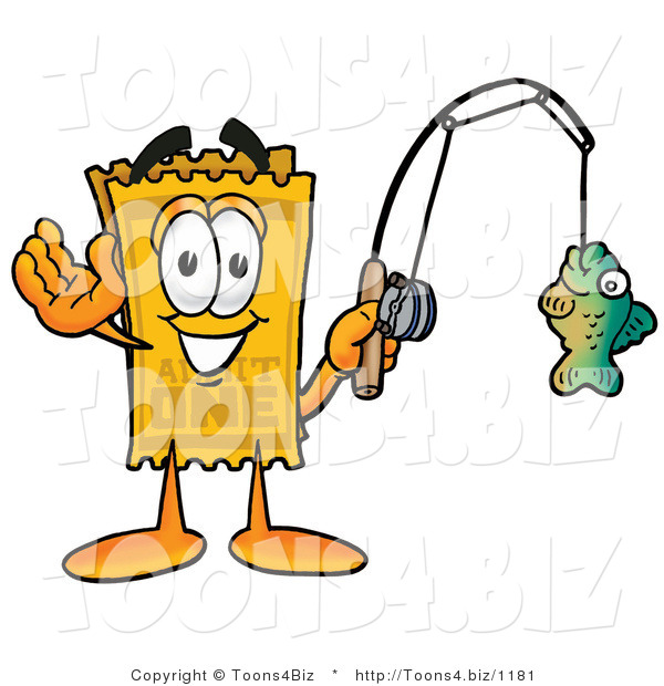 Illustration of a Cartoon Admission Ticket Mascot Holding a Fish on a Fishing Pole