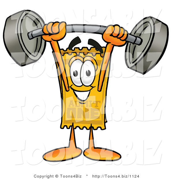 Illustration of a Cartoon Admission Ticket Mascot Holding a Heavy Barbell Above His Head