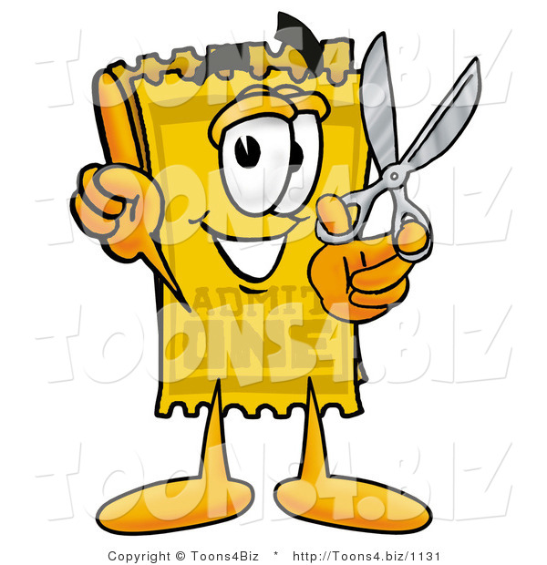 Illustration of a Cartoon Admission Ticket Mascot Holding a Pair of Scissors