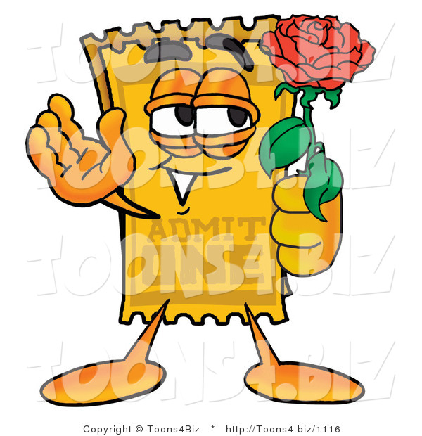 Illustration of a Cartoon Admission Ticket Mascot Holding a Red Rose on Valentines Day