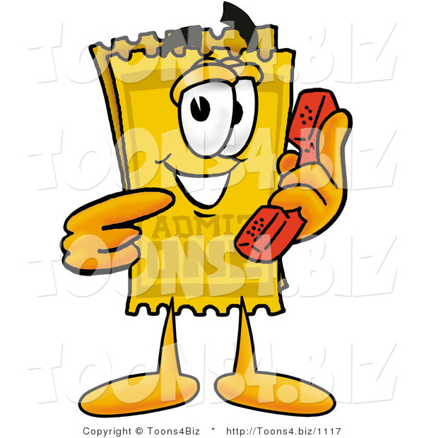 Illustration of a Cartoon Admission Ticket Mascot Holding a Telephone