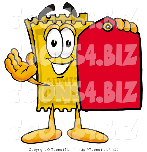 Illustration of a Cartoon Admission Ticket Mascot Holding a Yellow Sales Price Tag