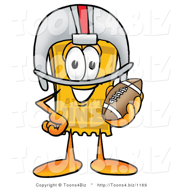 Illustration of a Cartoon Admission Ticket Mascot in a Helmet, Holding a Football