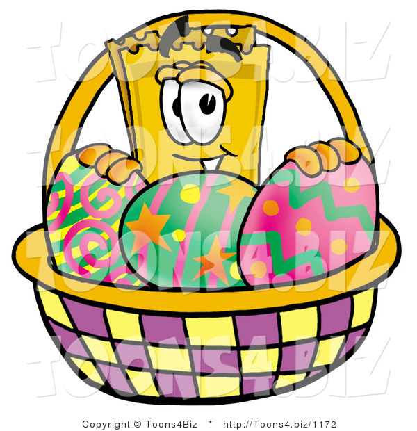 Illustration of a Cartoon Admission Ticket Mascot in an Easter Basket Full of Decorated Easter Eggs