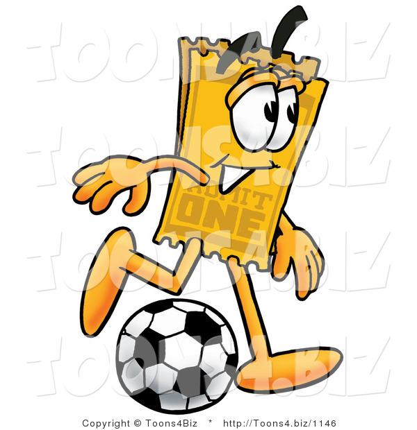 Illustration of a Cartoon Admission Ticket Mascot Kicking a Soccer Ball