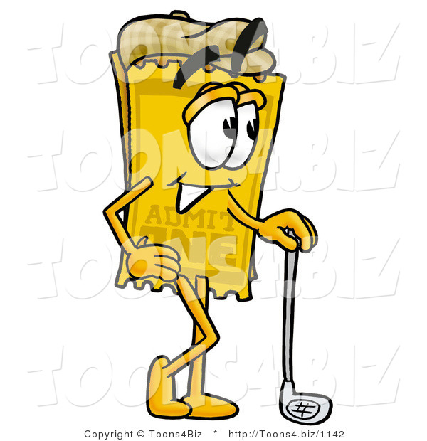 Illustration of a Cartoon Admission Ticket Mascot Leaning on a Golf Club While Golfing