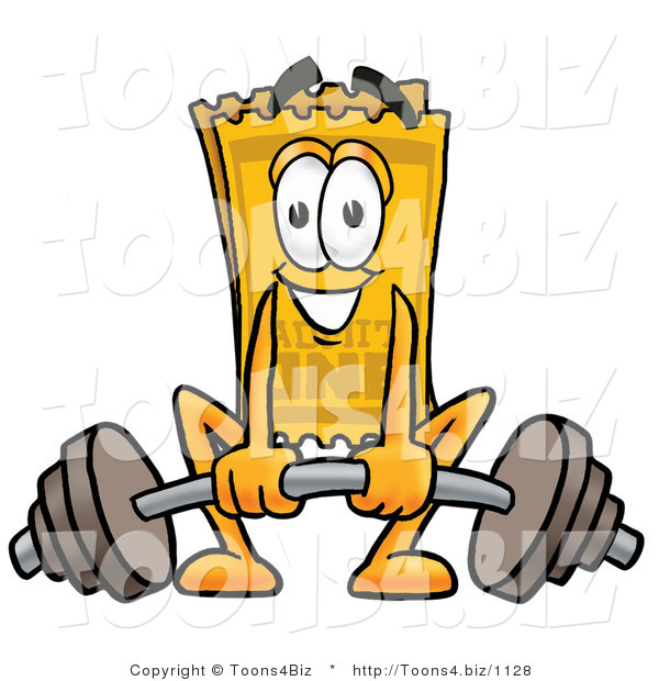 Illustration of a Cartoon Admission Ticket Mascot Lifting a Heavy Barbell