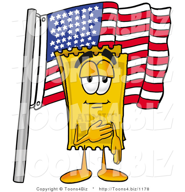 Illustration of a Cartoon Admission Ticket Mascot Pledging Allegiance to an American Flag