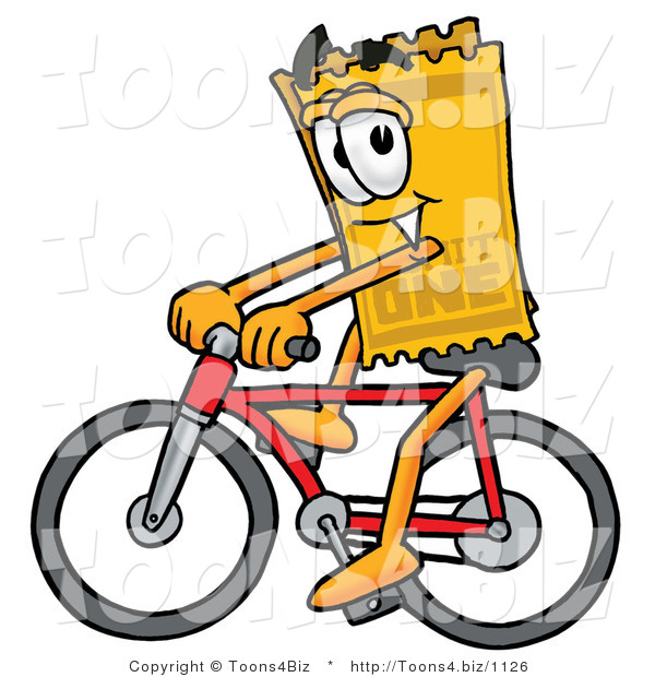 Illustration of a Cartoon Admission Ticket Mascot Riding a Bicycle