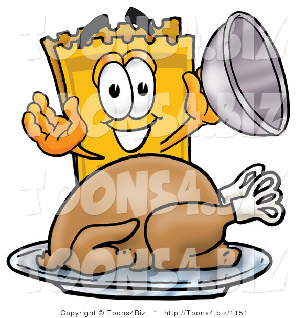 Illustration of a Cartoon Admission Ticket Mascot Serving a Thanksgiving Turkey on a Platter