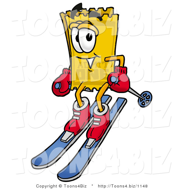 Illustration of a Cartoon Admission Ticket Mascot Skiing Downhill