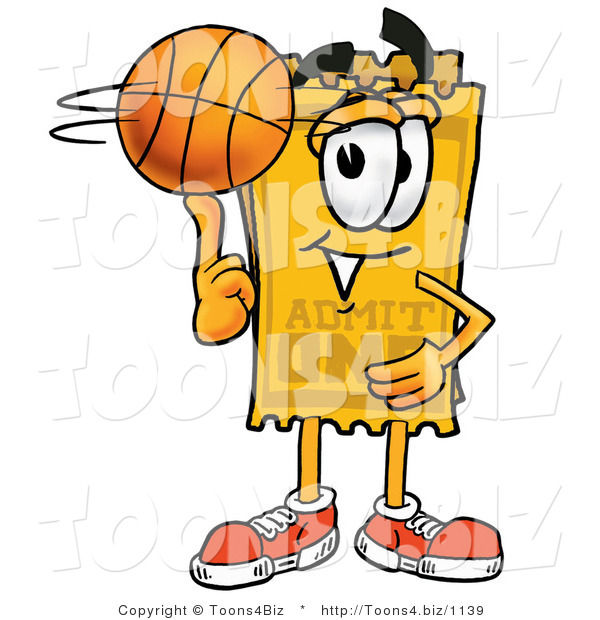 Illustration of a Cartoon Admission Ticket Mascot Spinning a Basketball on His Finger