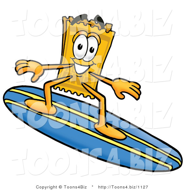 Illustration of a Cartoon Admission Ticket Mascot Surfing on a Blue and Yellow Surfboard