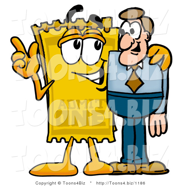 Illustration of a Cartoon Admission Ticket Mascot Talking to a Business Man
