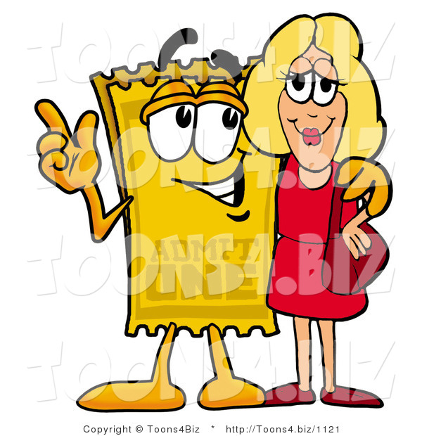 Illustration of a Cartoon Admission Ticket Mascot Talking to a Pretty Blond Woman