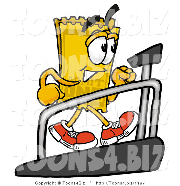 Illustration of a Cartoon Admission Ticket Mascot Walking on a Treadmill in a Fitness Gym