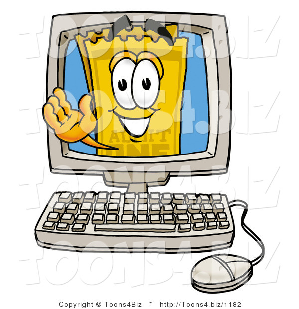Illustration of a Cartoon Admission Ticket Mascot Waving from Inside a Computer Screen