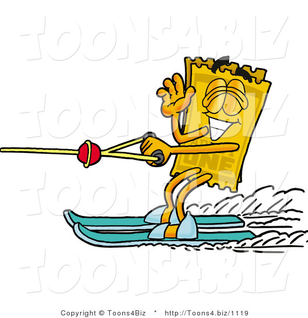 Illustration of a Cartoon Admission Ticket Mascot Waving While Water Skiing