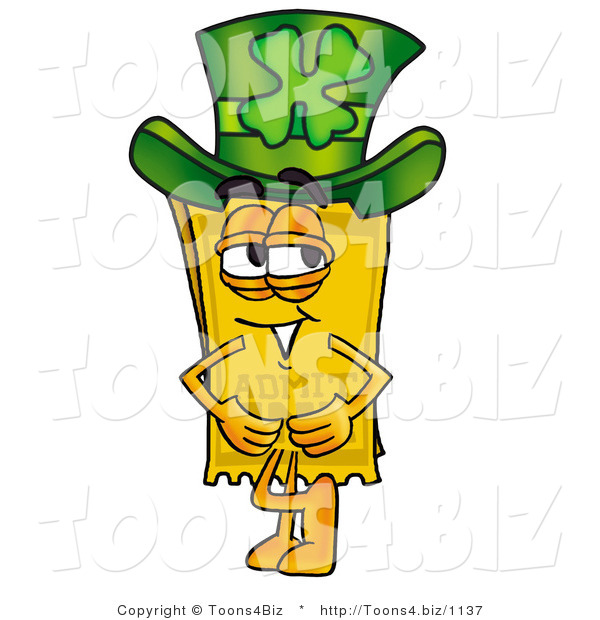 Illustration of a Cartoon Admission Ticket Mascot Wearing a Saint Patricks Day Hat with a Clover on It