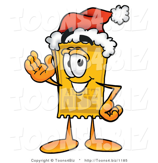 Illustration of a Cartoon Admission Ticket Mascot Wearing a Santa Hat and Waving