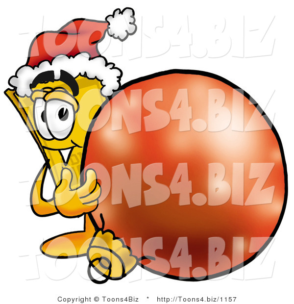 Illustration of a Cartoon Admission Ticket Mascot Wearing a Santa Hat, Standing with a Christmas Bauble