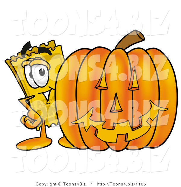 Illustration of a Cartoon Admission Ticket Mascot with a Carved Halloween Pumpkin