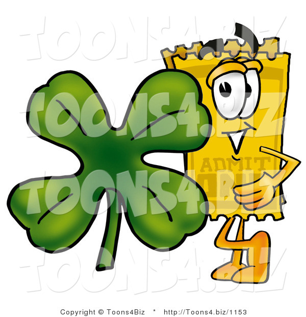 Illustration of a Cartoon Admission Ticket Mascot with a Green Four Leaf Clover on St Paddy's or St Patricks Day