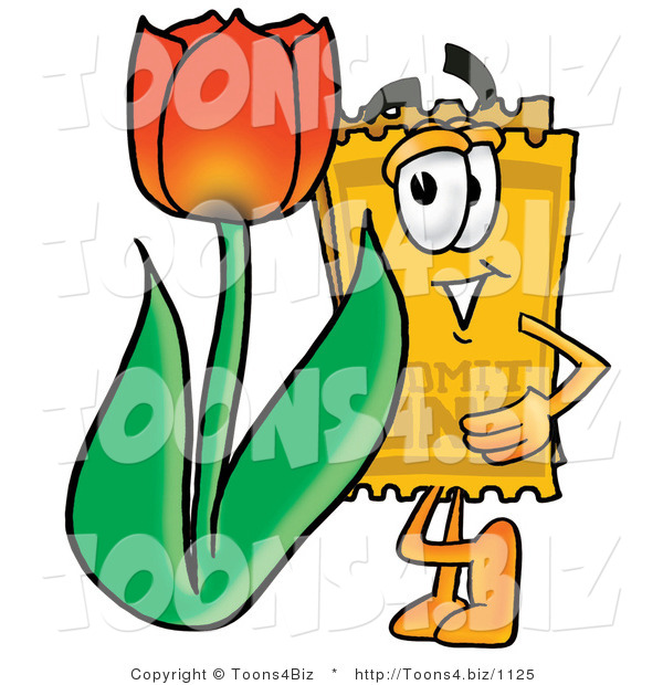 Illustration of a Cartoon Admission Ticket Mascot with a Red Tulip Flower in the Spring