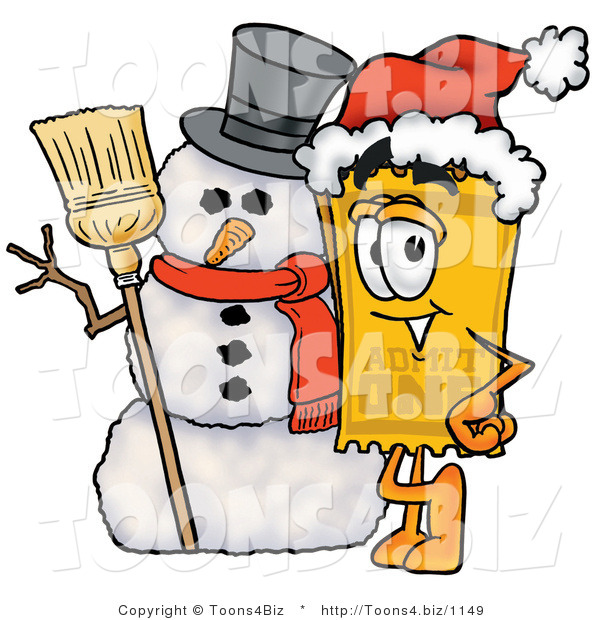 Illustration of a Cartoon Admission Ticket Mascot with a Snowman on Christmas