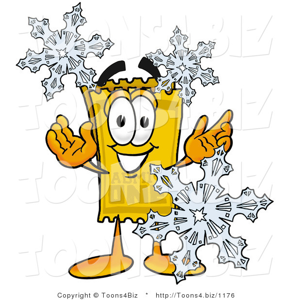 Illustration of a Cartoon Admission Ticket Mascot with Three Snowflakes in Winter